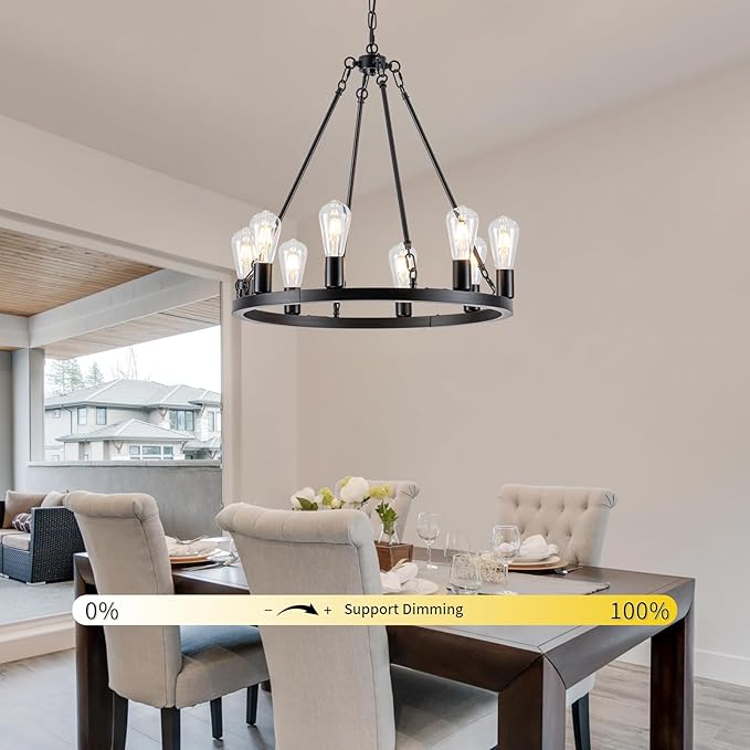 8-Light Wagon Wheel Chandelier, Farmhouse Chandelier Dining Room Light Fixture, Black Round Industrial Rustic Pendant Lighting, Vintage Hanging Lights for Kitchen Island Living Room Bedroom Entryway