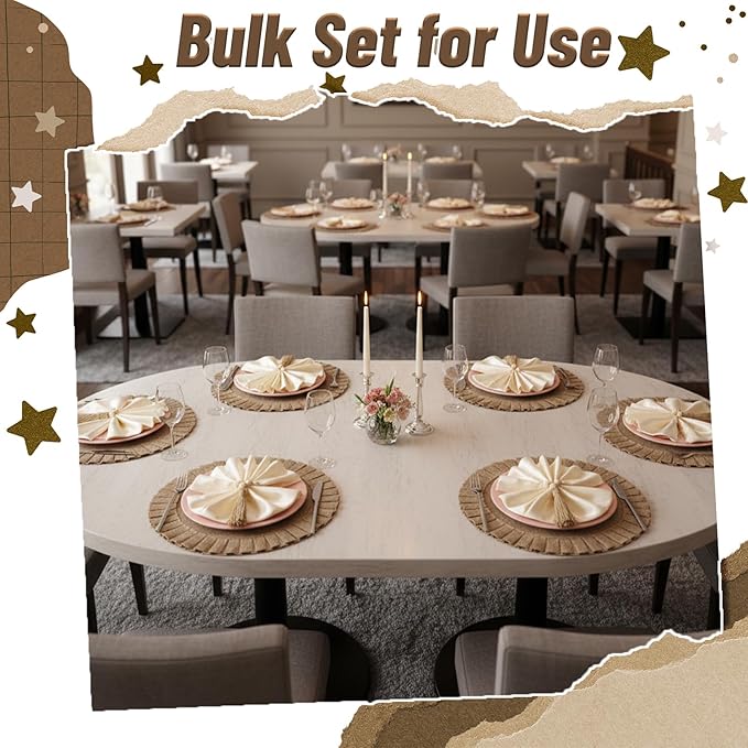 6 Sets Boho Placemats, Round Burlap Placemats Wood Bead Napkin Rings with Dinner Napkins Cloth Natural Burlap Cotton for Kitchen Dining Table Home Wedding