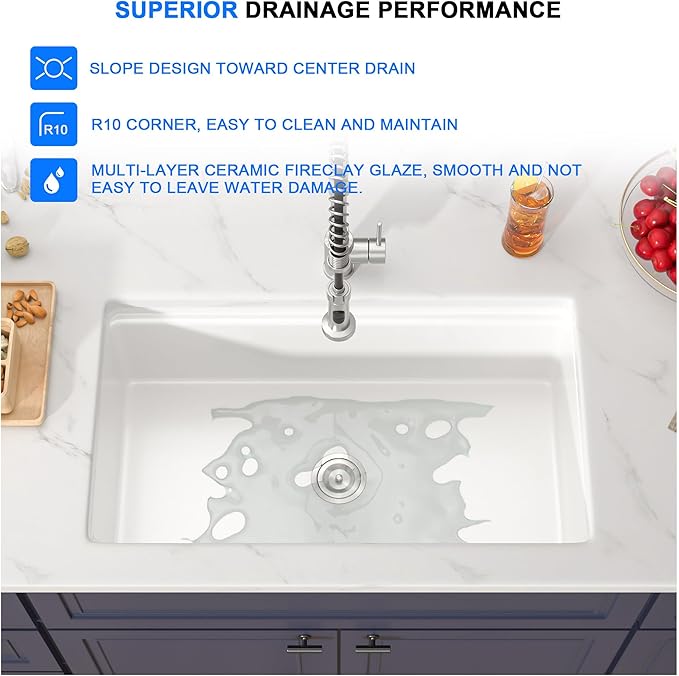 33 White Glossy Kitchen Sink 33''x19'' Undermount Fireclay Sink Single Bowl Porcelain Sinks Ceramic Deep Bowl Farmer Basin with Bottom Grid & Strainer Easy To Clean and Noise Reduction