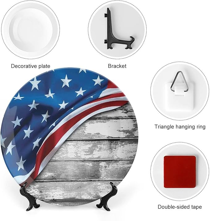 Ceramic Display Plate, American Flag Decor Ceramic Hanging Decorative Plate, Flag Over Antique Rustic Rippled Board, 6 Inch, Household Custom Ceramic Plate, Grey Navy