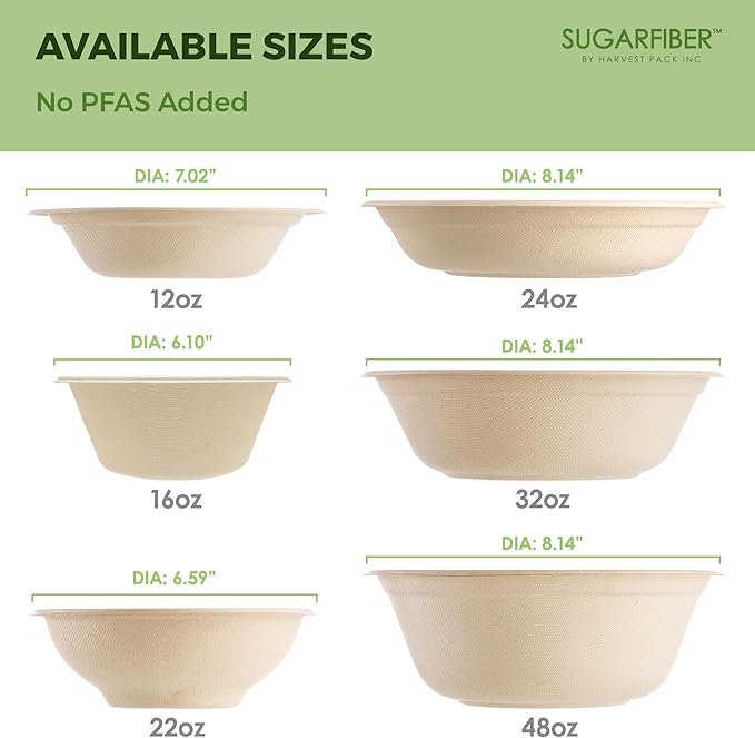 [50 COUNT]Harvest Pack PFAS FREE 24oz Compostable Bowls - Paper Round Heavy-Duty Eco-Friendly Disposable Bagasse Bowl, sugarcane made plant fibers for Meal Prep