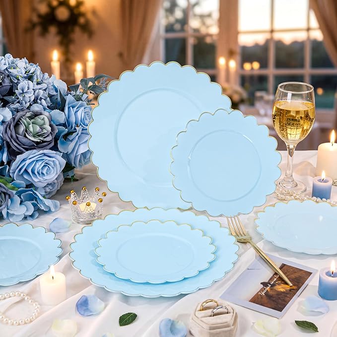 LIYH 120 Pcs Baby Blue Plastic Plates with Gold Edge - Disposable Light Blue Scalloped Baby Shower Plastic Plates Includes 60 Dinner Plate 10.25" & 60 Dessert Plate 7.5" for Birthday Party