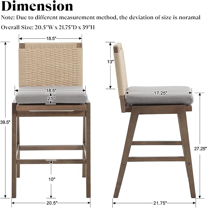 Mid Century Modern Counter Height Barstools Set of 4, 27” Linen Upholstered Counter Stools with Rope Woven Back Wooden Farmhouse Bar Stools for Kitchen Island Dining Room,Grey