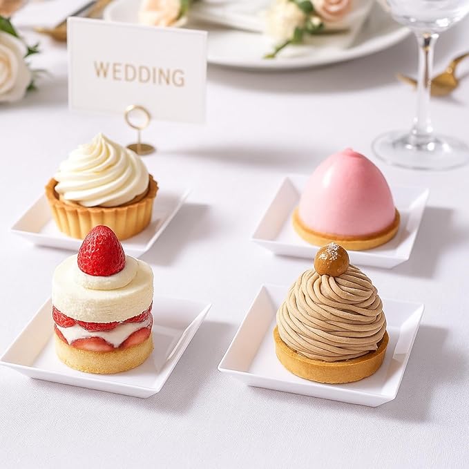 Zhehao 100 Pcs Plastic Dessert Appetizer Plates Disposable, 3.6 x 3.6 Inch Small Square Plastic Dessert Cake Plate for Party, Valentine's Day Wedding Birthday Bridal Baby Shower Supplies (White)