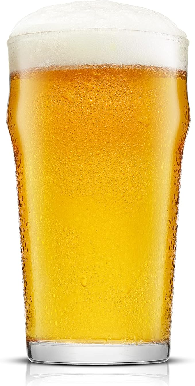 JoyJolt Grant 19oz Beer Pint Glasses Set of 4. Large Beer Pint Glass Capacity in a Traditional Pub Drinking Glasses Design. Oversized Beer Glasses Set for Guinness, Stout, and Big Craft Beer Glasses