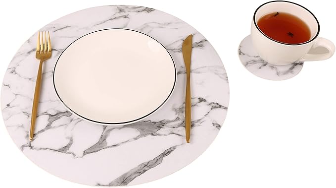 Set of 8 Marble Round Placemats and Coasters, Faux Leather Waterproof Table Mats, Easy to Wipe Off for Kitchen Dining Round Table
