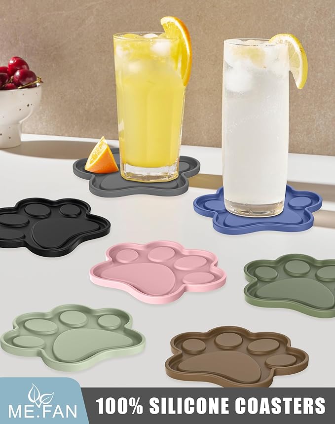 ME.FAN Silicone Coasters 6 Pack Paw Cup Mat with Holder, Dog Cat Paw Shape, for Hot or Cold Drink, Non-Slip, Non-Stick, Room Decor, Housewarming Olive Green