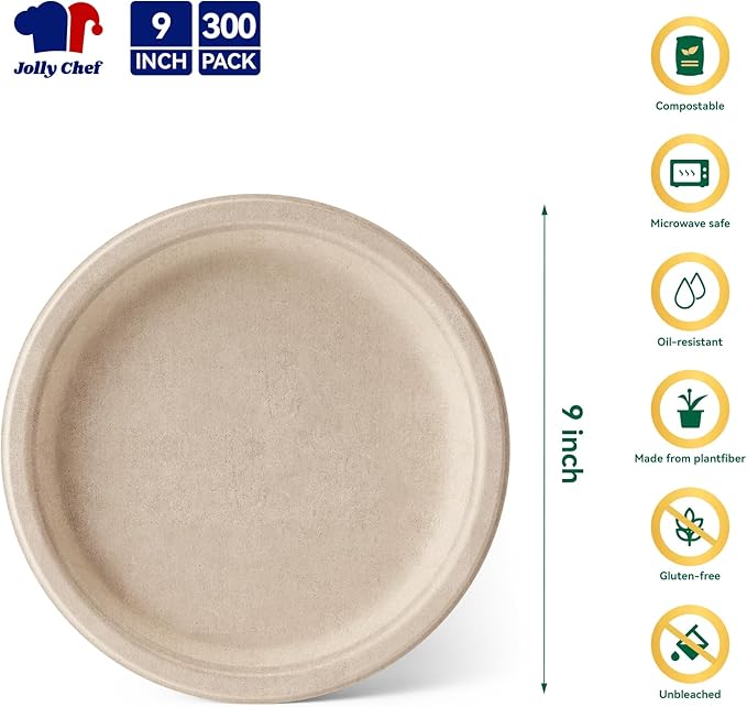 JOLLY CHEF Compostable Heavy Duty Plates 9 Inch [300 Pack] Eco-Friendly Disposable Natural Paper Plates Bagasse Biodegradable Sugarcane Bulk for Party Dinner Lunch Hot Cold Food Christmas (Brown)