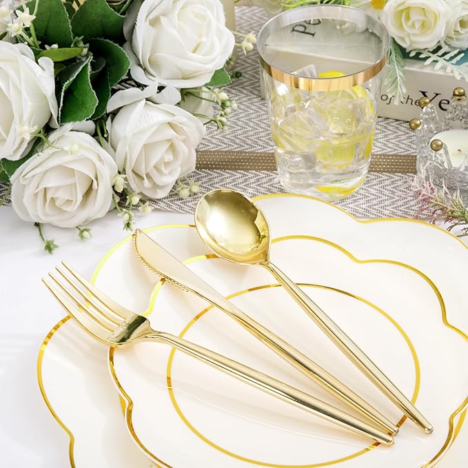 EI 180pcs Beige Plastic Plates with Gold Plastic Silverware,Heavy-Duty Disposable Plates for Party,White Dinnerware Set for 30 Guest Wedding,Afternoon Tea,Spring,Valentine's Day,Easter