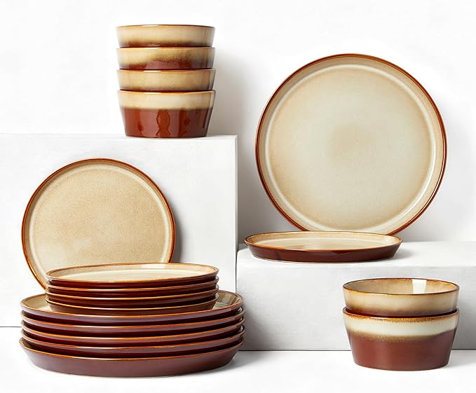 Dinnerware Set for 6, Ceramic Dish Sets, Plate and Bowl Set, Microwave & Dishwasher Safe Dishware Set, Chip & Scratch Resistant Dinner Set, Each Piece Unique, Amber Brown