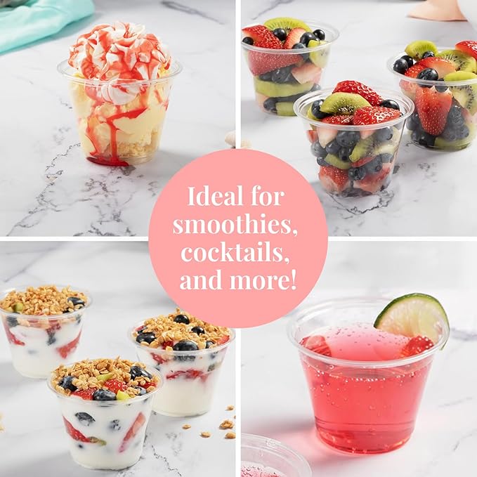 Prestee 50 Pack Plastic Cups - 9 oz Clear Disposable Cups for Cold Beverages, Cocktails, and Desserts - Durable Little Small Cup for Wine, Smoothies, Parties, Events, Catering, and Everyday Gatherings
