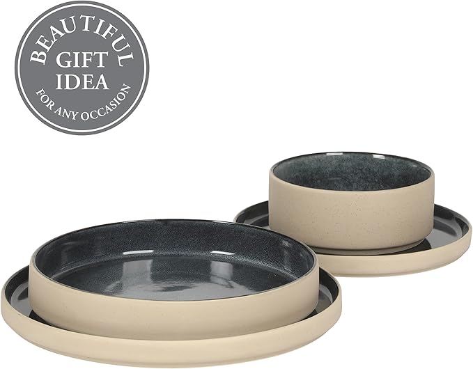 Gibson Elite Liberty Bay 16-Piece Pottery Clay Stoneware Dinnerware Set – Blue Reactive Glaze, Stackable Plates and Bowls W/Pasta Bowl, Service for 4 – Microwave & Dishwasher Safe
