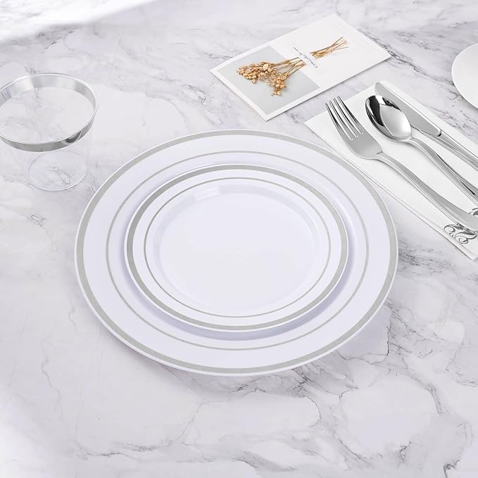 BESTVIP 100PCS Silver Plastic Plates, 10.25 Inch Disposable Dinner Plate Party with Silver Rim for Christmas, Thanksgiving, Heavy Duty Disposable Plastic Plates for Party, Wedding and Birthday, Events