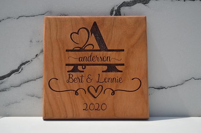 Personalized Wooden Coasters with Monogram, Wedding Date Engraved, Family Name- Choice of Wood (Wedding Couple)