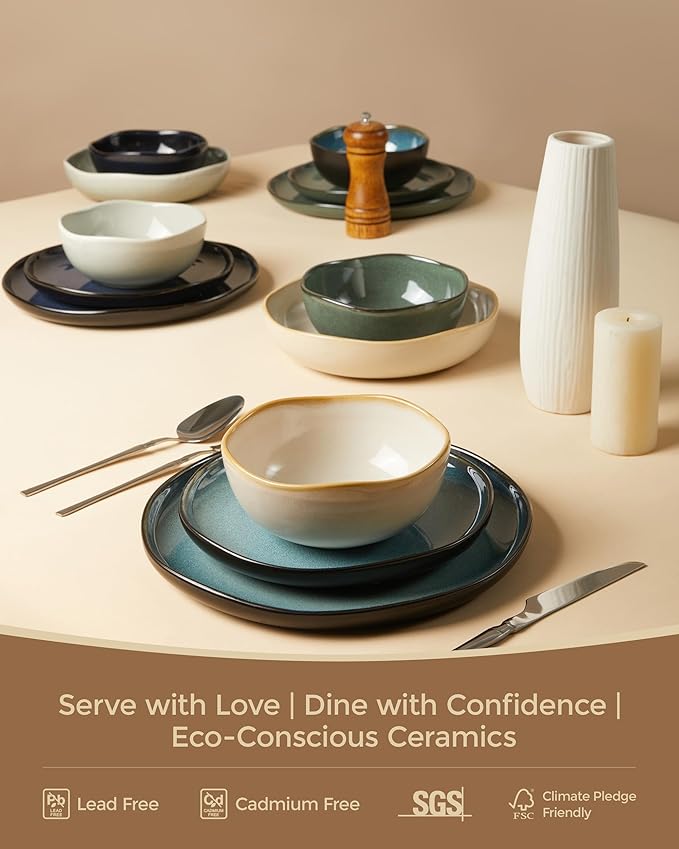 Plates and Bowls Sets for Family of 6, Ceramic Dinnerware Sets, Kitchen Dish Set, Microwave & Dishwasher Safe Dishware, Highly Durable Reactive Glazed Dinner Set, Yellow White