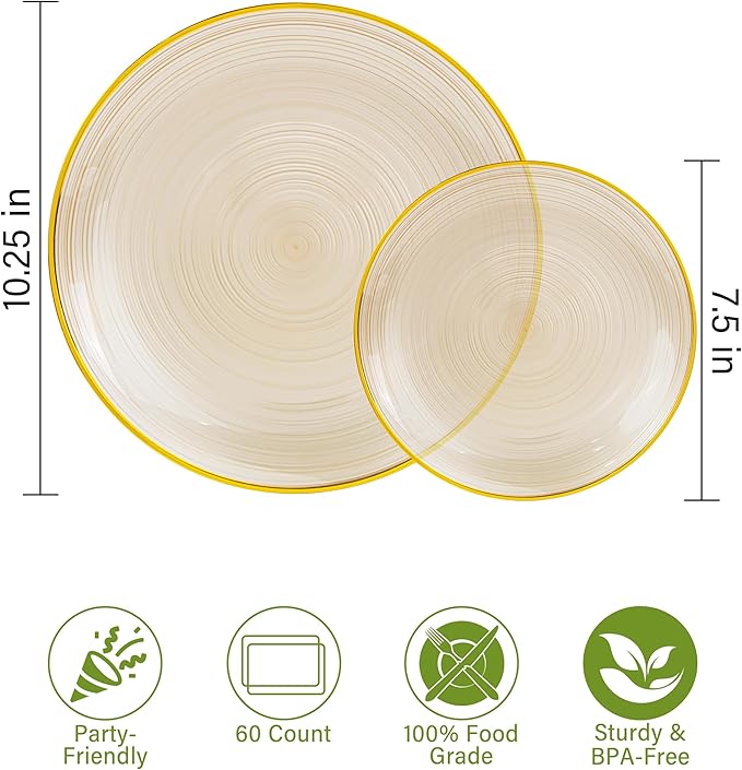Morejoy 100Pcs Brown Plastic Plates, Clear Coffe Disposable Plates With Gold Rim,Heavy-Duty Brown Plates, Gold Dinnerware Set Include 50 Dessert-plates,50 Dinner-plates for Party & Christmas