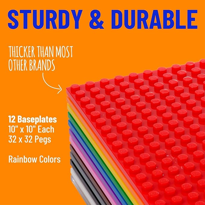 Strictly Briks Stackable Baseplates - 12 Pack 10"x10", 32x32 Studs, Compatible with Lego for Building City Scenes, Foundation, Displays Bricks on Play Table, Kids Easter Gift, Rainbow