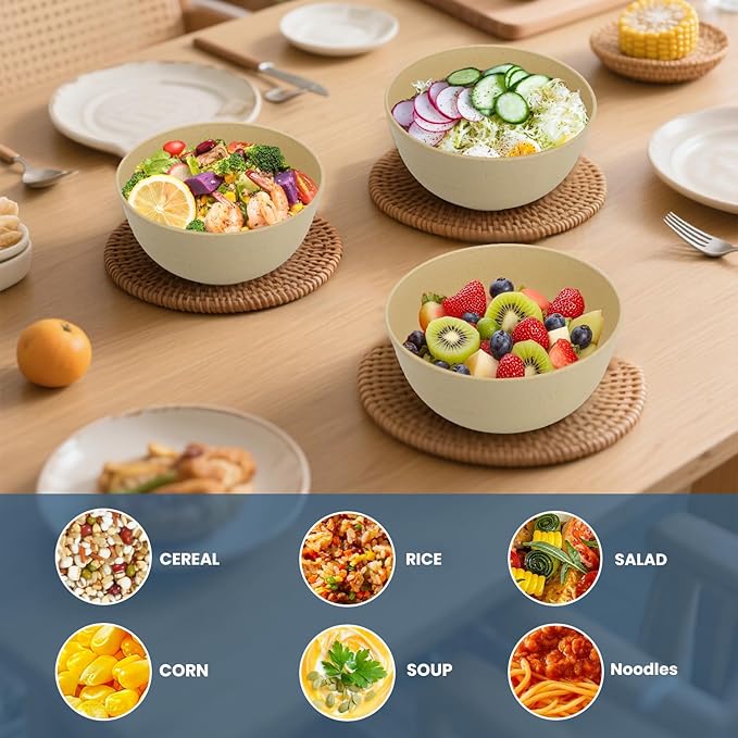 Soup Bowls 26oz, Wheat Straw Bowls Set of 6, Unbreakable Cereal & Popcorn Bowls, Microwave & Dishwasher Safe Prep Bowl for Outdoor, Picnic, Hiking, Beach - Beige