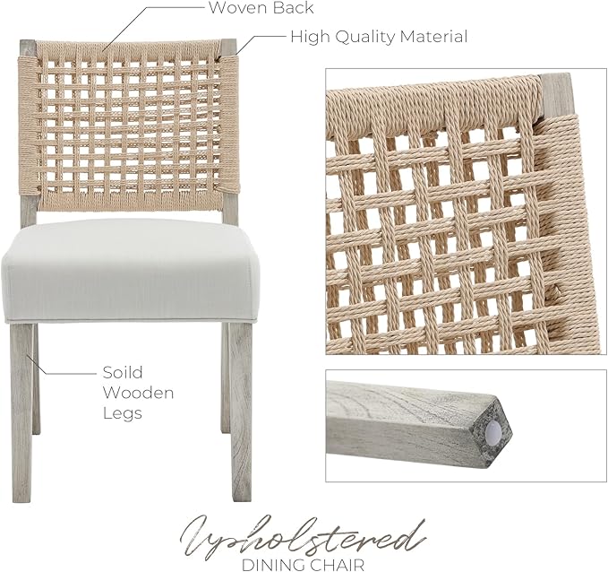 Farmhouse Dining Chairs Set of 2 Linen Fabric Upholstered Accent Side Chair, Mid Century Modern Kitchen & Dining Room Chairs with Woven Rope Back for Home, Living Room, Bedroom - White