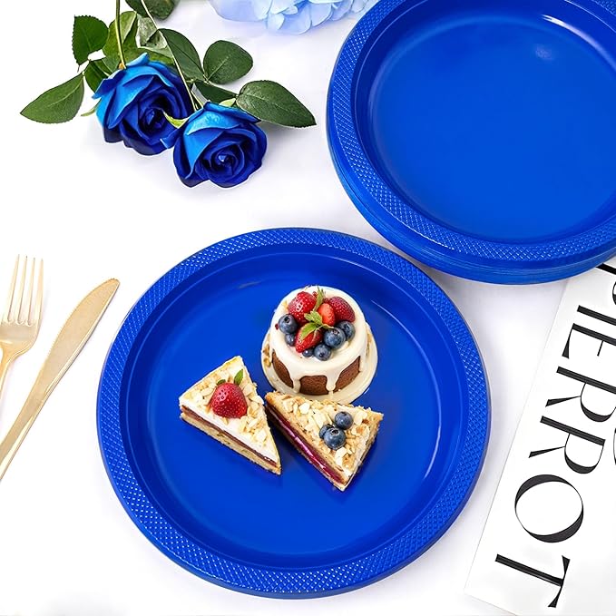 WELLIFE Royal Blue Party Plates 10 Inch -150 Count, Disposable Plastic Dark Blue Dinner Plates for New Year Party Dessert Cake Appetizer