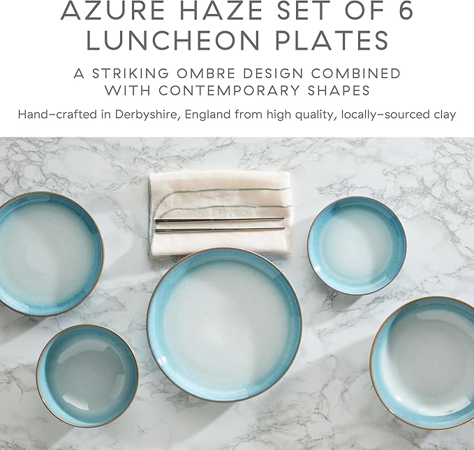 Denby - Azure Haze Coupe Salad Plates Set of 6-8.25 Inch - Dishwasher Microwave Oven Safe - Lunch, Dessert Plates - Reactive Blue Teal Glaze Ceramic Stoneware Dinnerware - Scratch Chip Resistant