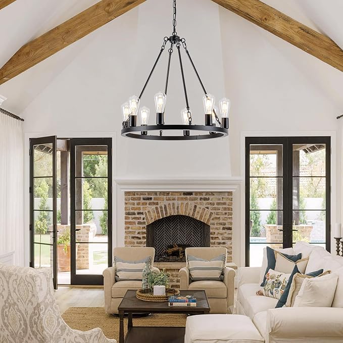 8-Light Wagon Wheel Chandelier, Farmhouse Chandelier Dining Room Light Fixture, Black Round Industrial Rustic Pendant Lighting, Vintage Hanging Lights for Kitchen Island Living Room Bedroom Entryway