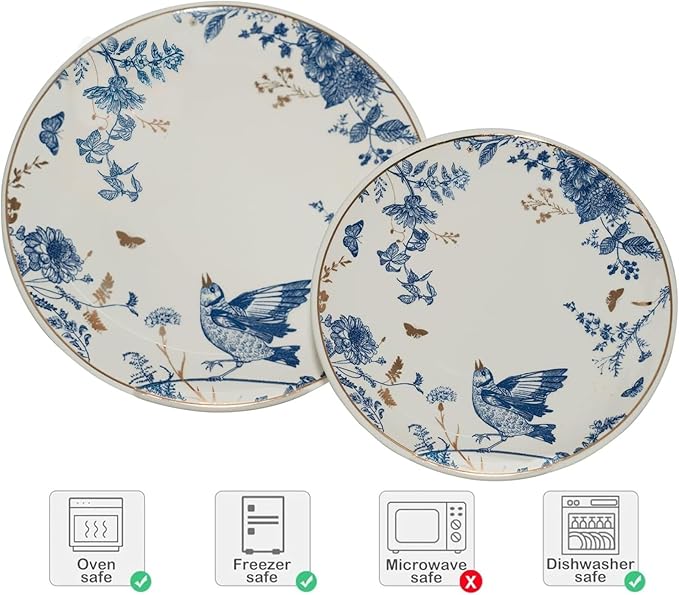 Porcelain Floral Plates Ceramic 8 Inch & 10 Inch Ceramic Plates 4 Pieces, Dessert Plate Blue and White, Salad Plate Set, Floral Dinnerware Set for Kitchen, Dinner Plate for Cake Snacks Side Dish