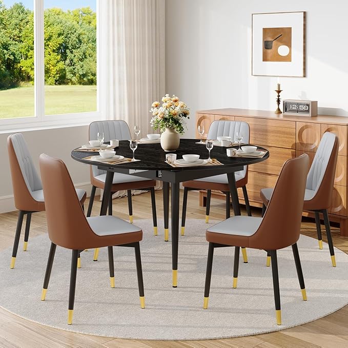 53” Round Dining Table Set for 6｜7 Piece Wood Dining Table Set｜Extendable Dining Room Table with 6 Chairs｜Black Wooden Tabletop with Metal Legs｜Easy Assembly｜Space Saving｜for Kitchen, Living Room
