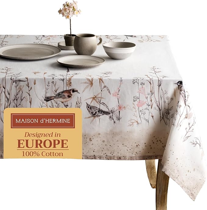 Maison d' Hermine Table Cloth Square Table 100% Cotton 54 x 54 Inches Tablecloth Reusable Decorative for Dining Room Farmhouse Home Valentines Day Decorations Spring Summer - Meadow Florals - Brown
