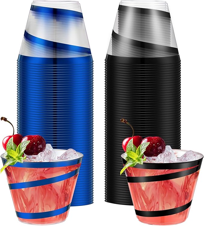 Gejoy 9 oz Rimmed Swirl Plastic Cups Disposable Wine Drinking Cups Clear Elegant Halloween Tumblers for Christmas Party Supplies(Black, Blue,100 Pcs)