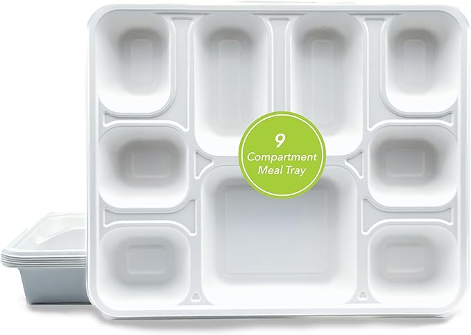 three leaf 9 COMPARTMENT BAGASSE RECTANGULAR PLATE, 25 Ct. Heavy-Duty- Super Strong- Natural- Eco-Friendly Disposable Bagasse Plates, 100% Biodegradable 9 compartment plates