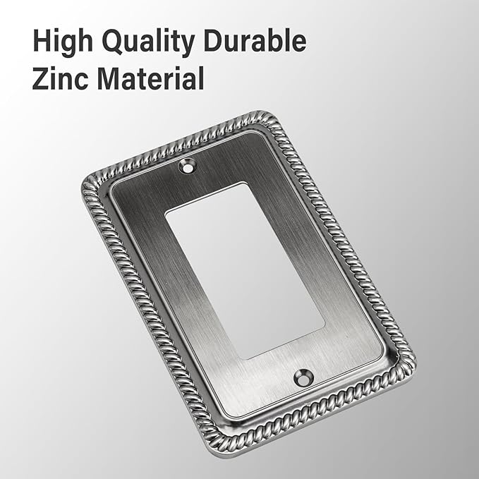 Henne Bery Rope Edge Decorative Wall Plate Switch Plate Outlet Cover (Single Decorator, 2 Pack, Heirloom Silver)