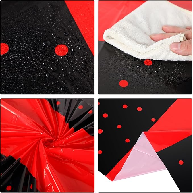 Oudain 6 Pcs Black and Red Tablecloth for Parties Plastic Dot Tablecloths Printed Table Runner Waterproof Disposable Rectangle Table Cover for Christmas Birthday Wedding Party, 54" x 108"