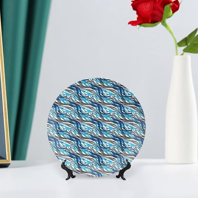 Ceramic Plates, Abstract Decorative Ceramic Plates, Modern Art Stripes Swirls Waves Trippy, 6 Inch, for Dining, Parties, Wedding, Grey Blue White