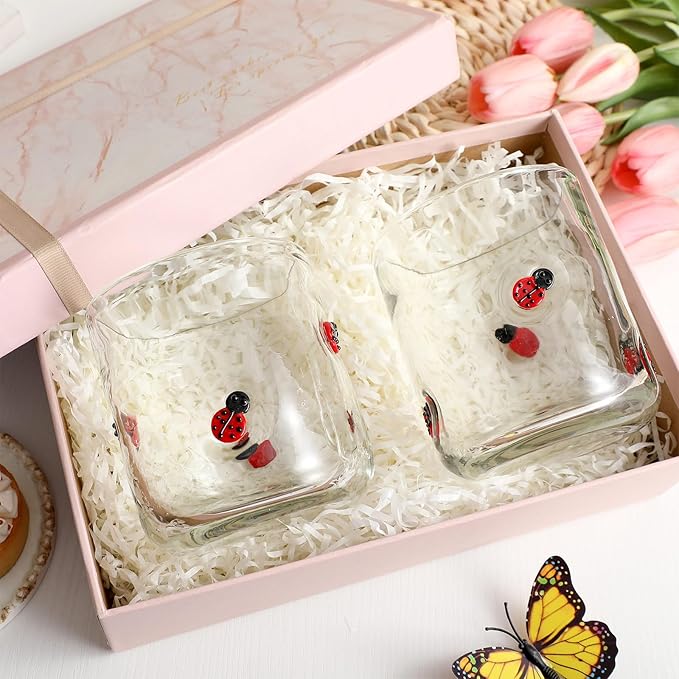 Icon Juice Glasses, 14oz Stemless Wine Drinking Juice Glass Cup for Valentine Party Supplies Gift(2 Pcs,Ladybug)