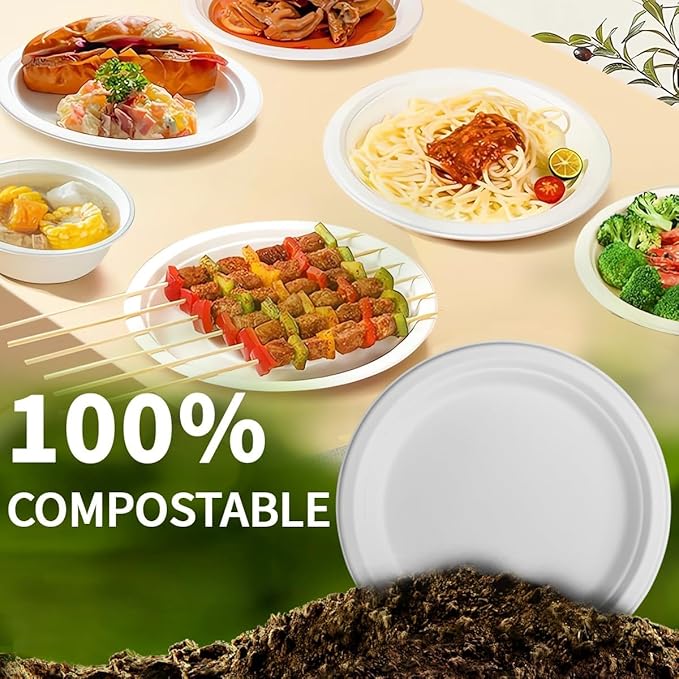 9 inch Plates Disposable Heavy Duty 150 Pack Leak Proof 100% Compostable Dinnerware Round White Paper Dishes Bagasse Made for Dessert, Parties, Wedding and BBQ (9 Inch)