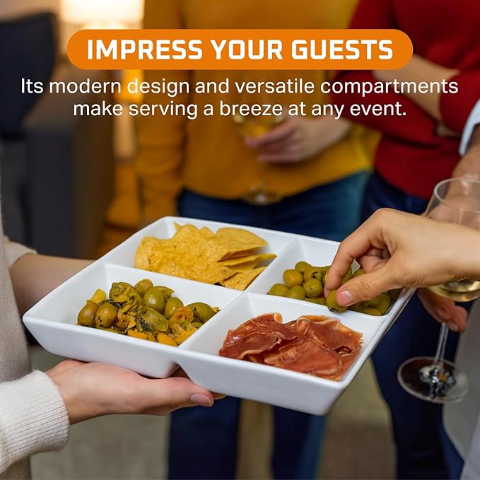 Bruntmor Set of 2 Dinner Serving Tray Dish - 10 x 10 Inch White Ceramic Serving Platter with 4 Compartments - Durable, Decorative Appetizer and Snack Tray for Brunch, Parties, and Dinner Table Display
