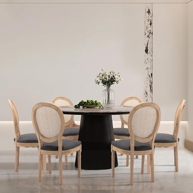 SoarFlash French Dining Chairs Set of 6, Vantage Dining Chair with Round Back, Farmhouse Country Rattan Dining Chair for Kitchen,Bedroom,Deep Grey