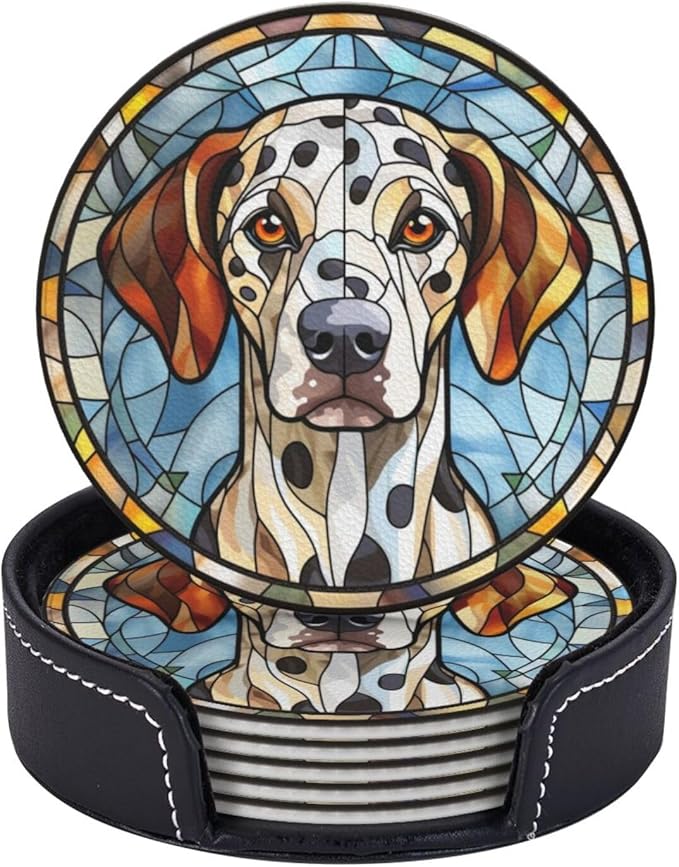 Drink Coaster Set of 6, Dalmatian Dog Mom Lover Gift,Leather Drink Coasters with Holder,6 Pack Cup/Bar/Drink Coasters for Table/Drinks/Coffee Protection Housewarming Gift