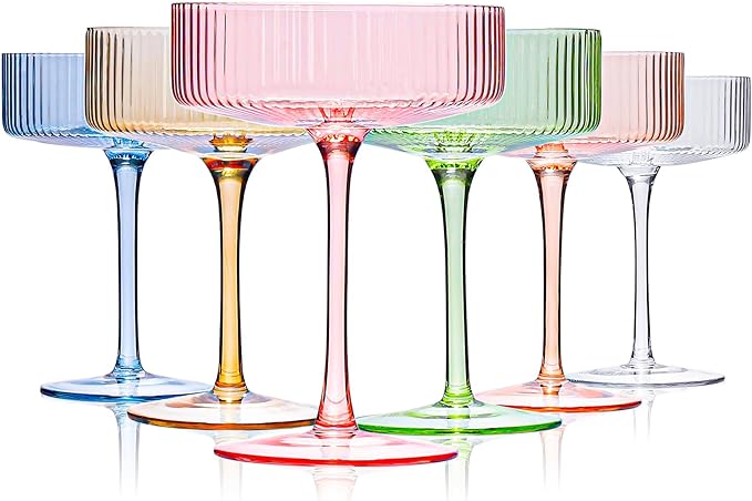 Colored Coupe Glasses Set of 6 Vintage Art Deco Colorful Champagne Coupe glasses 9 oz,Ribbed Martini Cocktail Glasses|Colored Cocktail Glasses Set for Espresso,Martini,Champagne