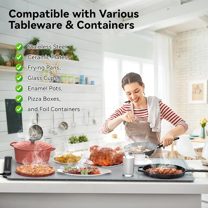 Warming Mat for Food Extra Large: 36"X16" Adjustable Silicone Food Warming Mat Heating Pad Food Warming Pad for Kitchen Counter Warming Trays for Buffets Party Hot Plates for Countertop Silver Grey