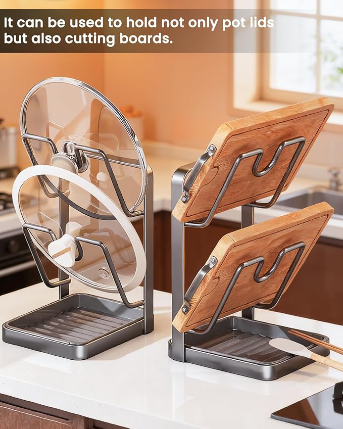 Pot Lid Organizer Holder Kitchen Storage Rack While Cooking Inside Cabinet Pan Cover Countertop with Double U-Shaped Slots over the Stove Spoon and Rest for Cutting Board Stand Drip Tray