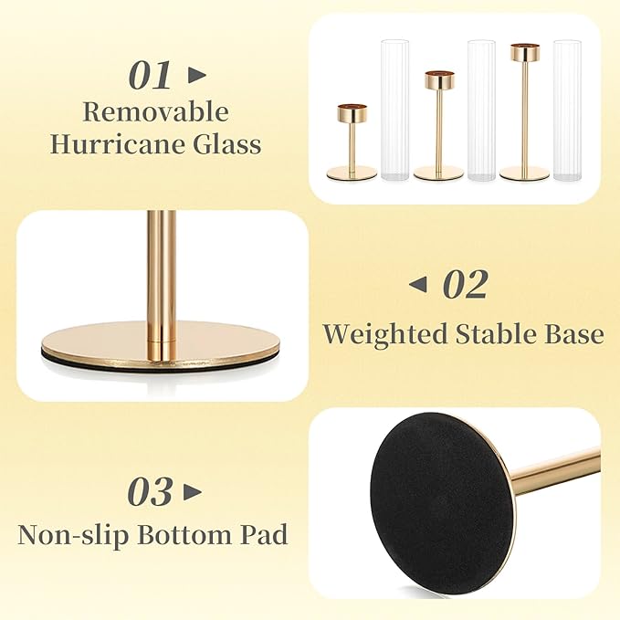 Hewory Gold Taper Candle Holders: Candlestick Holders Set of 6 Hurricane Glass Tall Candle Holder for Candlesticks Candle Sticks Holder Decor for Table Centerpiece Wedding Party Christmas Decorations