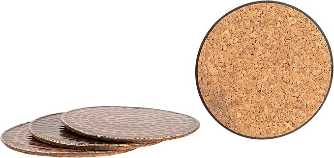 GoCraft Set of 4 Antique Copper Coasters – Handmade Hammered Copper with Padded Cork Protection, Coasters for Drinks, Beverages, Wine Glasses & Bar Glasses, Elegant Bar Décor, Durable & Stylish