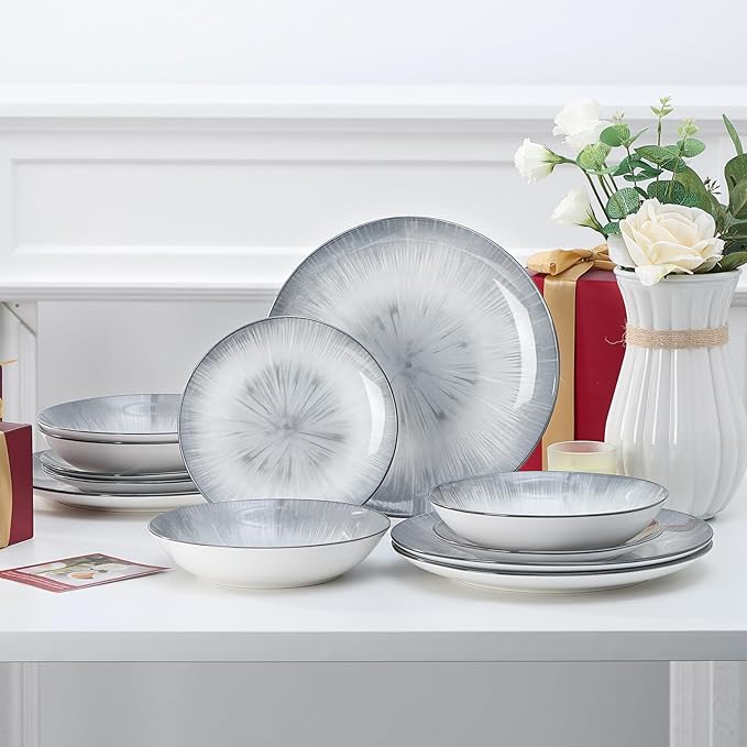 Bestone Porcelain Dinnerware Sets Service for 4, 12 pcs Hand drawn Plates and Bowls Sets, Handmade Ceramic Dish Set, Chip Resistant Modern Plate Set, Dishwasher/Microwave Safe，Gray