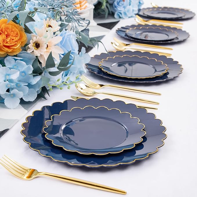 LIYH 60 Pcs Navy Blue Plastic Scalloped Plates with Gold Rim, Dark Blue Disposable Plates for Party Included 30 Dinner Plate 10.25 Inch,30 Dessert Plate 7.5 Inch Elegant Dishes Tableware
