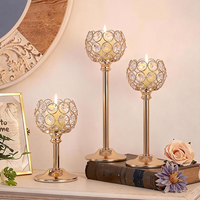 Crystal Candle Holders 4 Set of 12 - Gold Vintage Hollow Ball Candle Stand for Table Centerpiece, Crystal Metal Tealight Candlestick for Wedding, Dining Room Decor