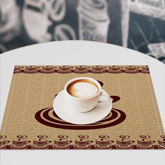 Vintage Coffee Theme Placemat Set, Minimal Rustic Farmhouse Brown Beige Geometric Coffee Cup Beans Seamless Pattern Home Decor Linen Table Mats for Dining Room Kitchen Party (17x12in) x6P