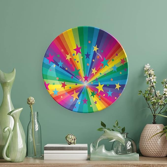 Ceramic Plates, Abstract Decor Decorative Ceramic Plates, Abstract Rainbow and Stars Confetti Rays Striped, 10 Inch, Household Plates Decorative, Multy