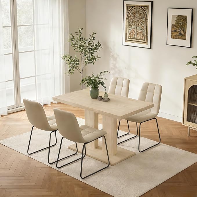 Modern 5-Piece Dining Table Set for 4, 46" Pedestal Dining Room Table with 4 Leather Chairs, Small Space Saving Kitchen Table Set, Natural Wood Finish Rectangle Table for Home & Apartment